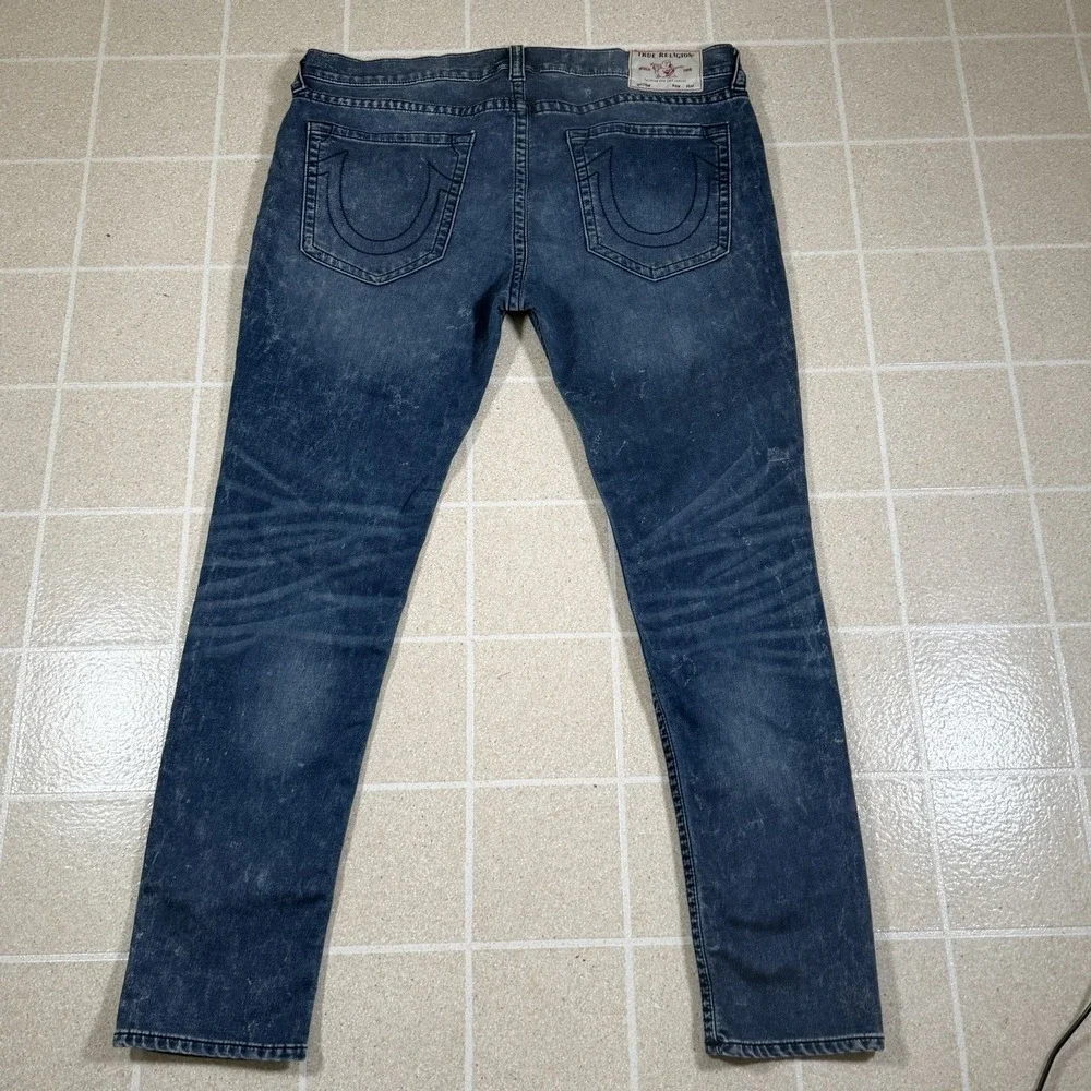 True Religion Jeans Mens 42x32 Blue Rocco Relaxed Skinny Distressed Denim